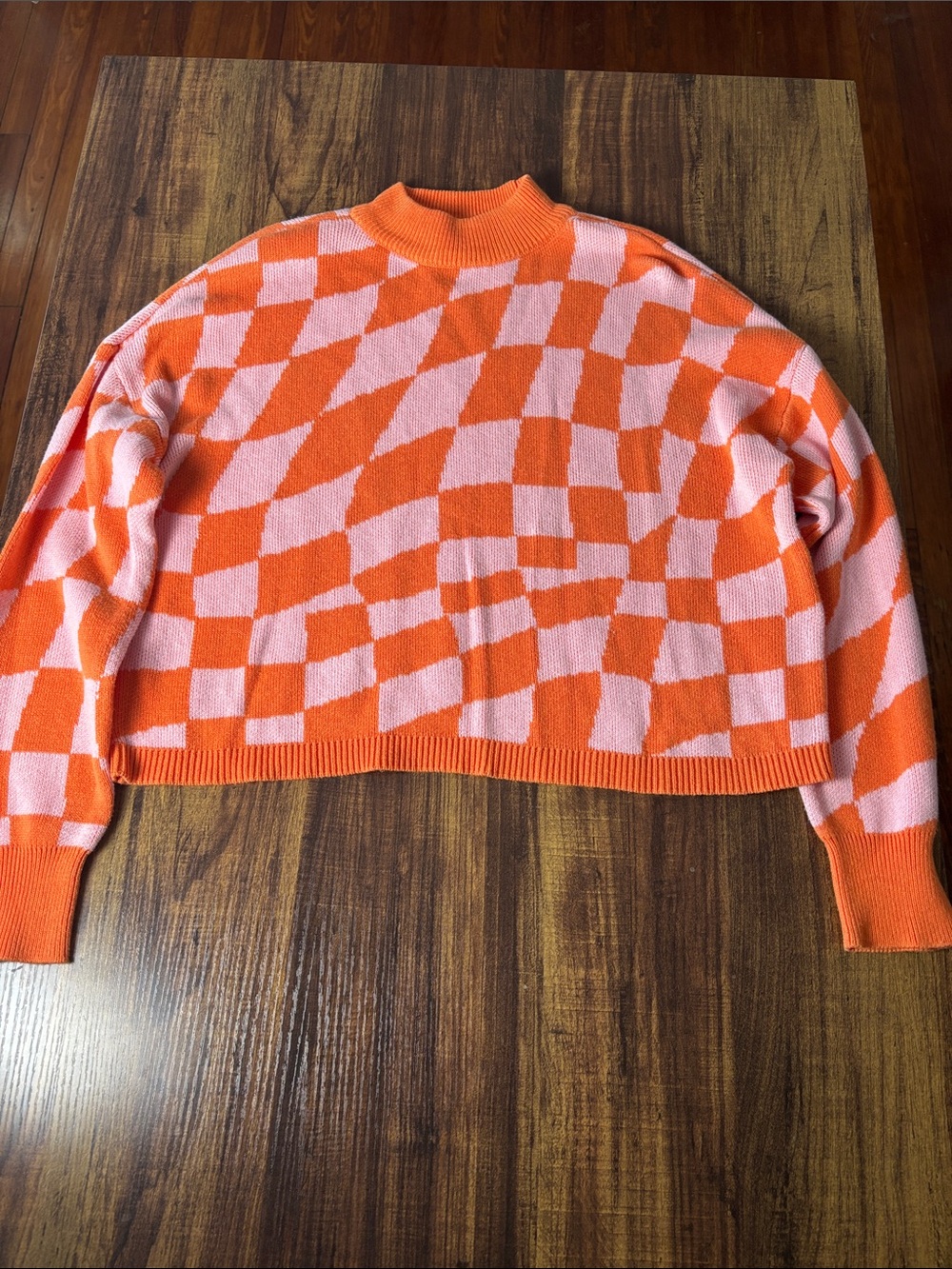Bar III Orange & Pink Checkerboard Cropped Turtleneck Sweater